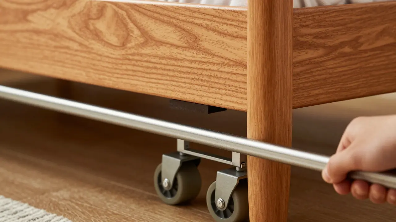 Detail kolečkového mechanismu dřevěné postele s přistýlkou