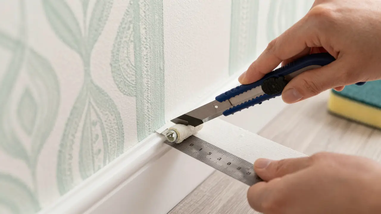 Detailní záběr na řezání tapet a vytloukání bublin nástroji