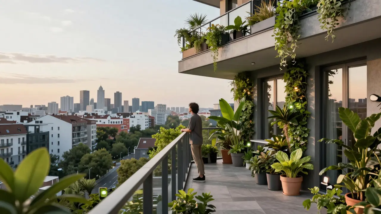 Moderní balkon s vertikální zahradou jako zelená oáza ve městě