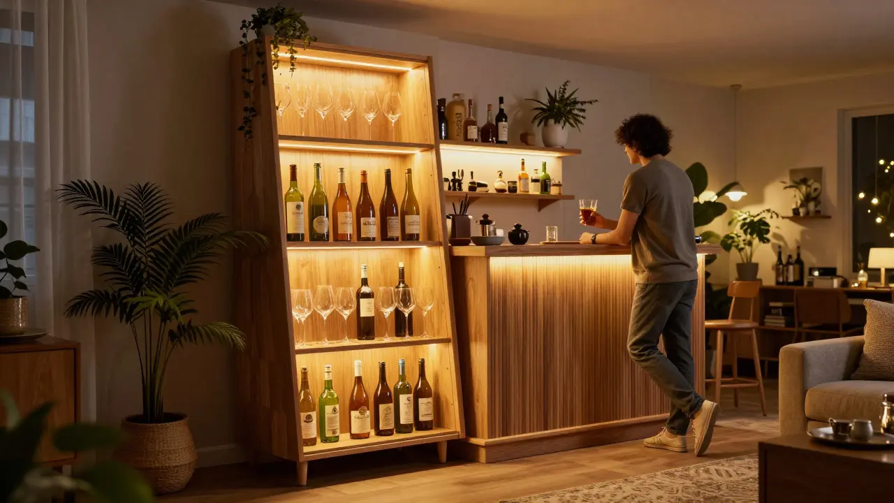 Regál Kallax jako barový pult s LED osvětlením v útulném obýváku