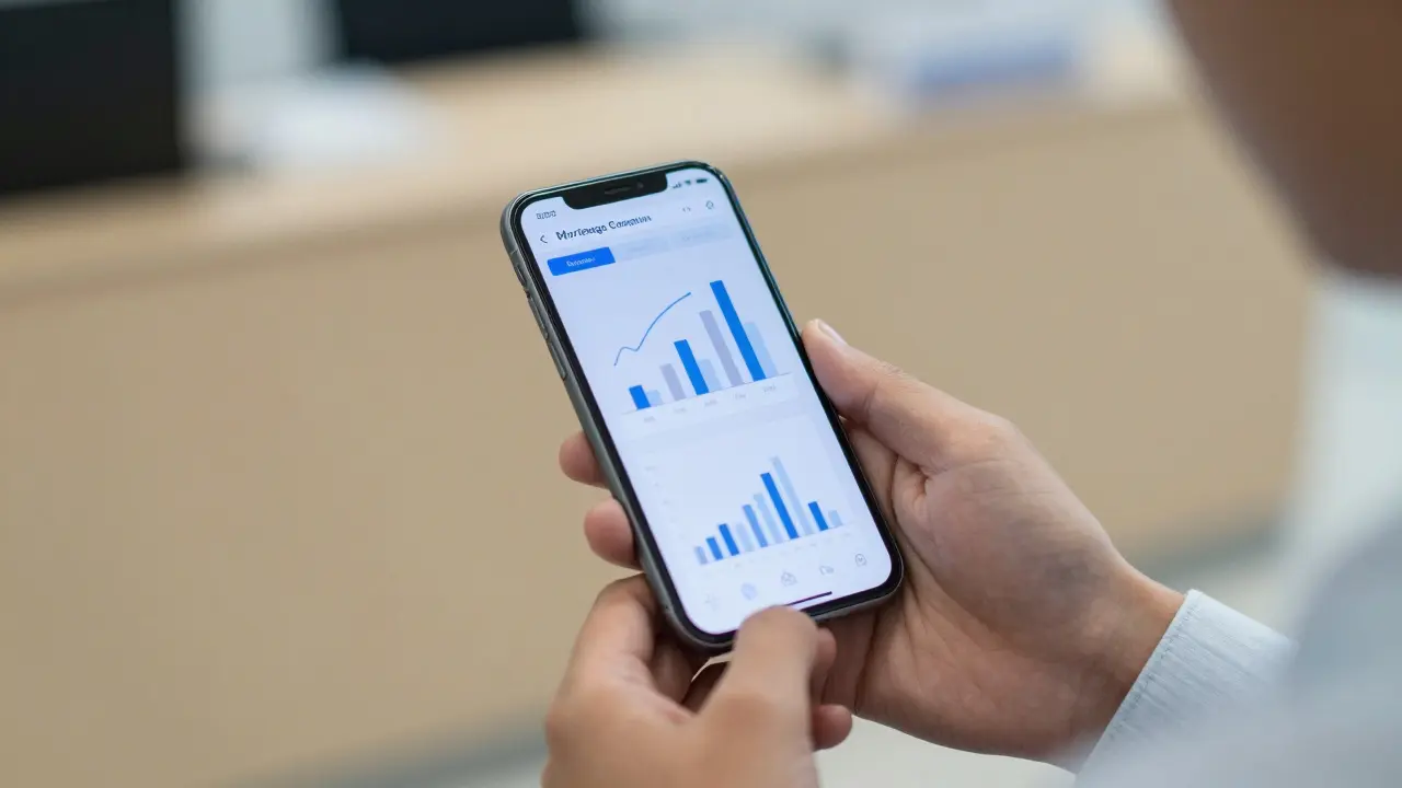 Ruce drží telefon s aplikací pro porovnání hypoték