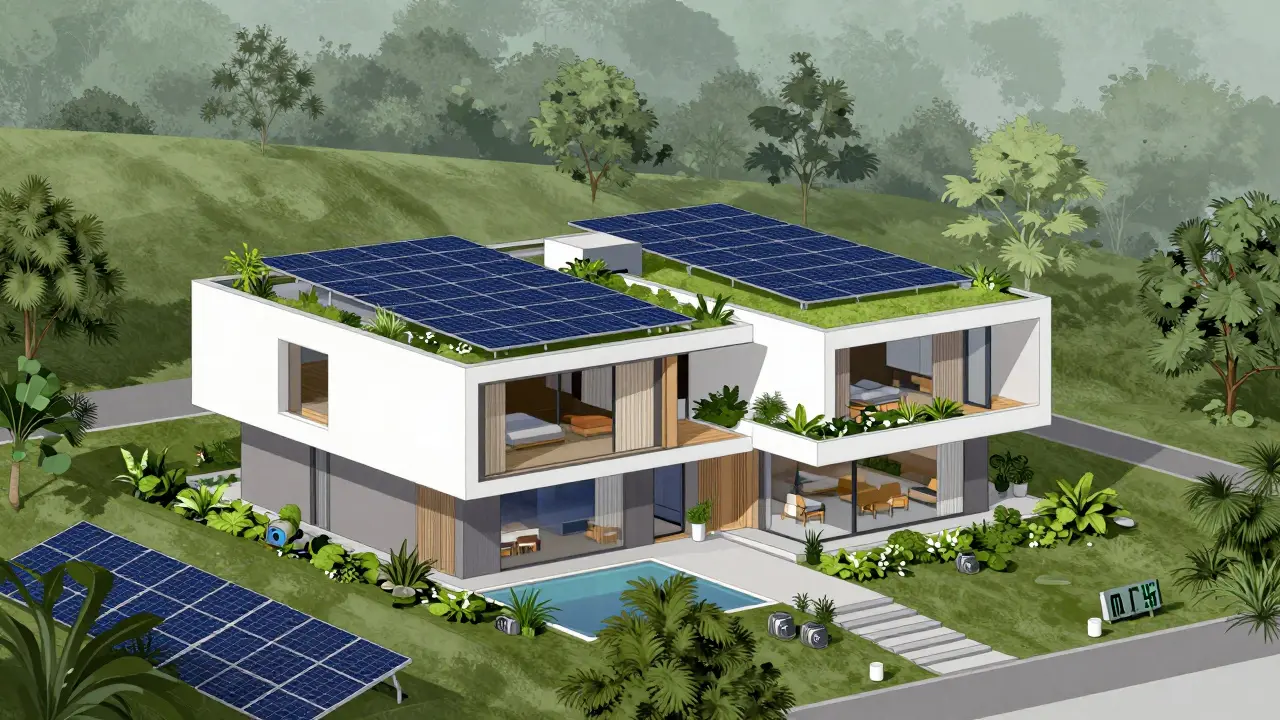 Udržitelná vila se solárními panely a zelenou architekturou