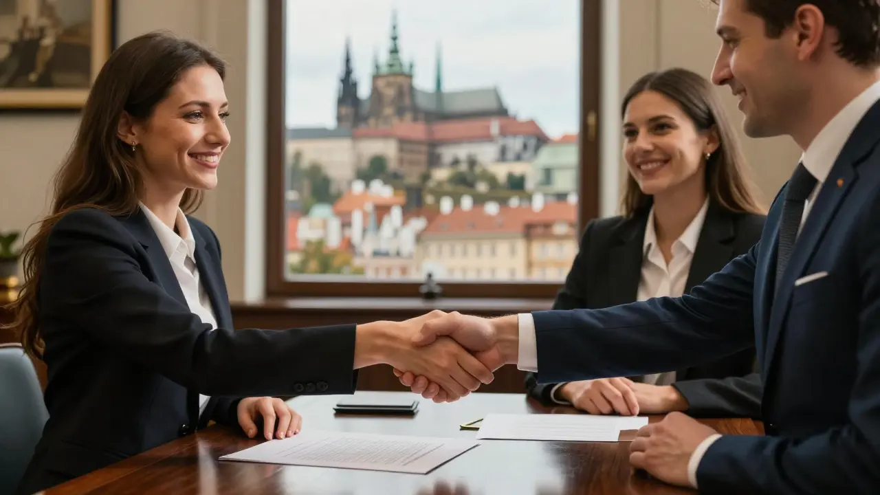 Úspěšný podpis kupní smlouvy s makléřem na pozadí pražské katedrály