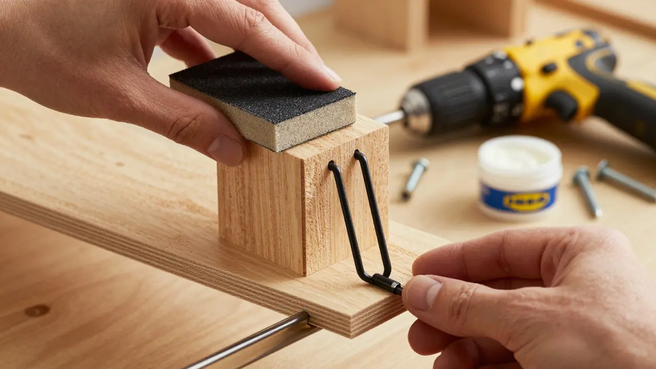 Záběr na ruční broušení a montáž nohou na regál Kallax při DIY úpravě