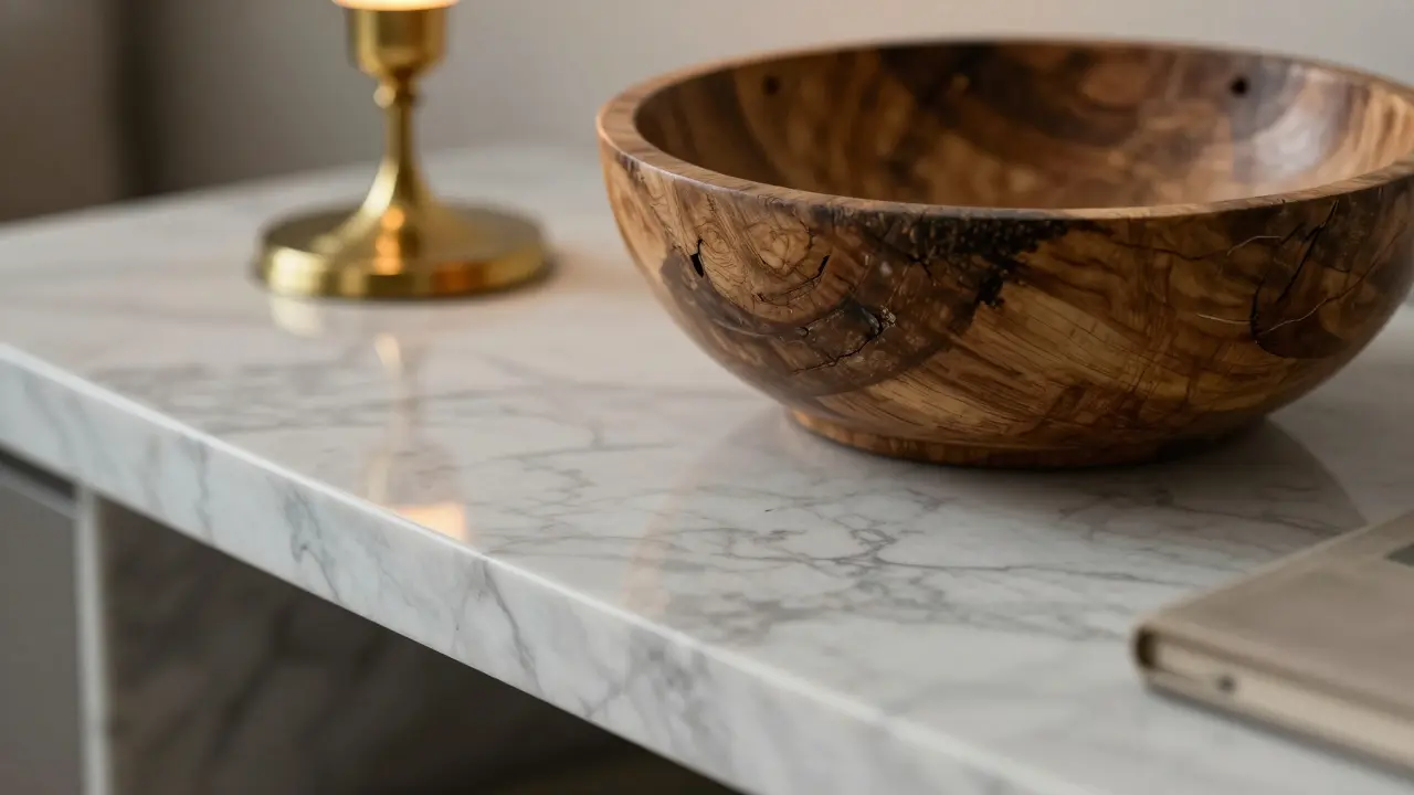 Detail kontrastu materiálů: mramorový stolek, dřevěná mísa a mosazný svícen