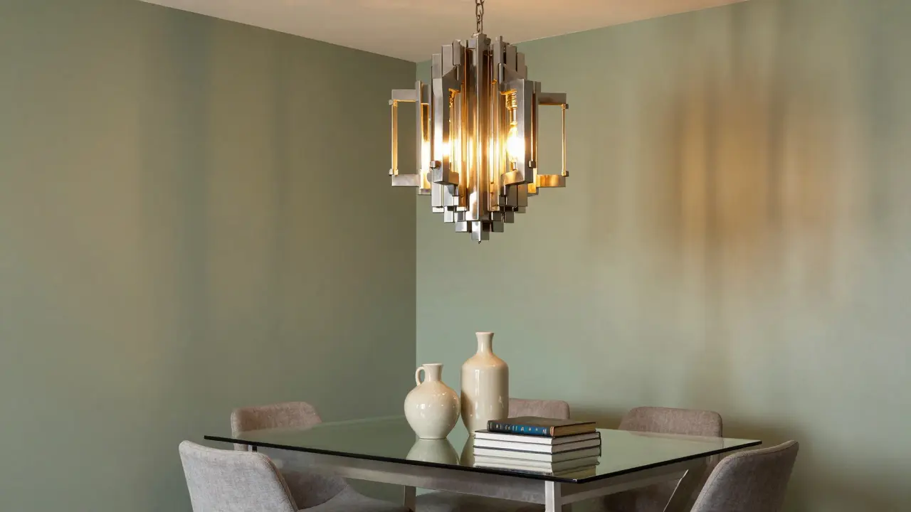 Jídelní místnost s art deco lustr nad moderním stolem a vintage keramikou