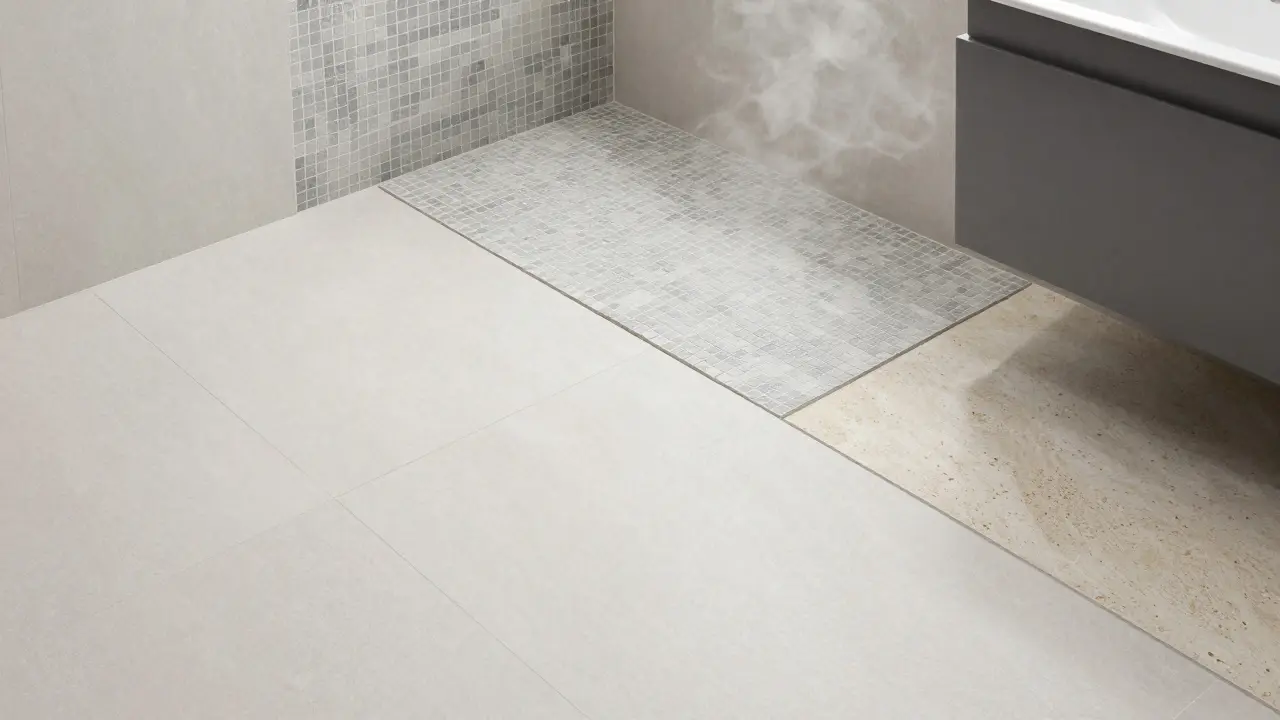 Moderní koupelna s různými typy dlažebních materiálů