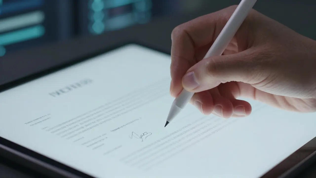 Ruční podpis digitálního dokumentu na tabletu pro registraci účtu