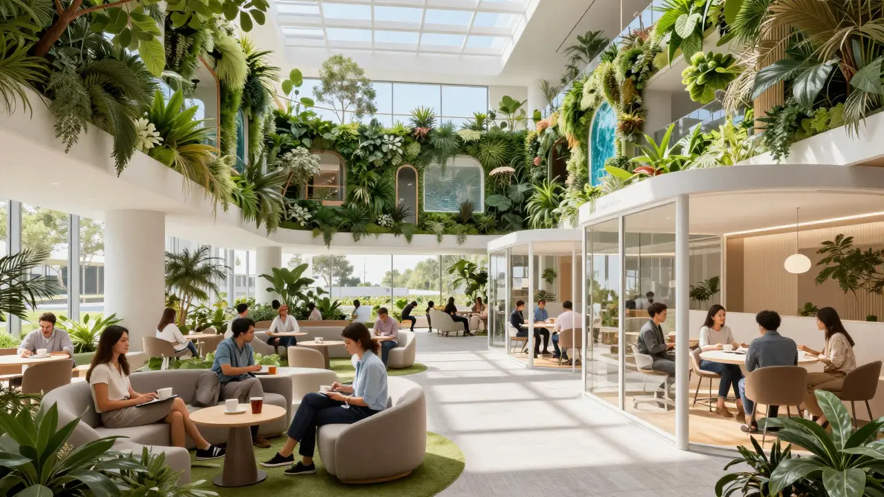 Budoucí kancelář s biofilním designem, zelení a prostory pro well-being