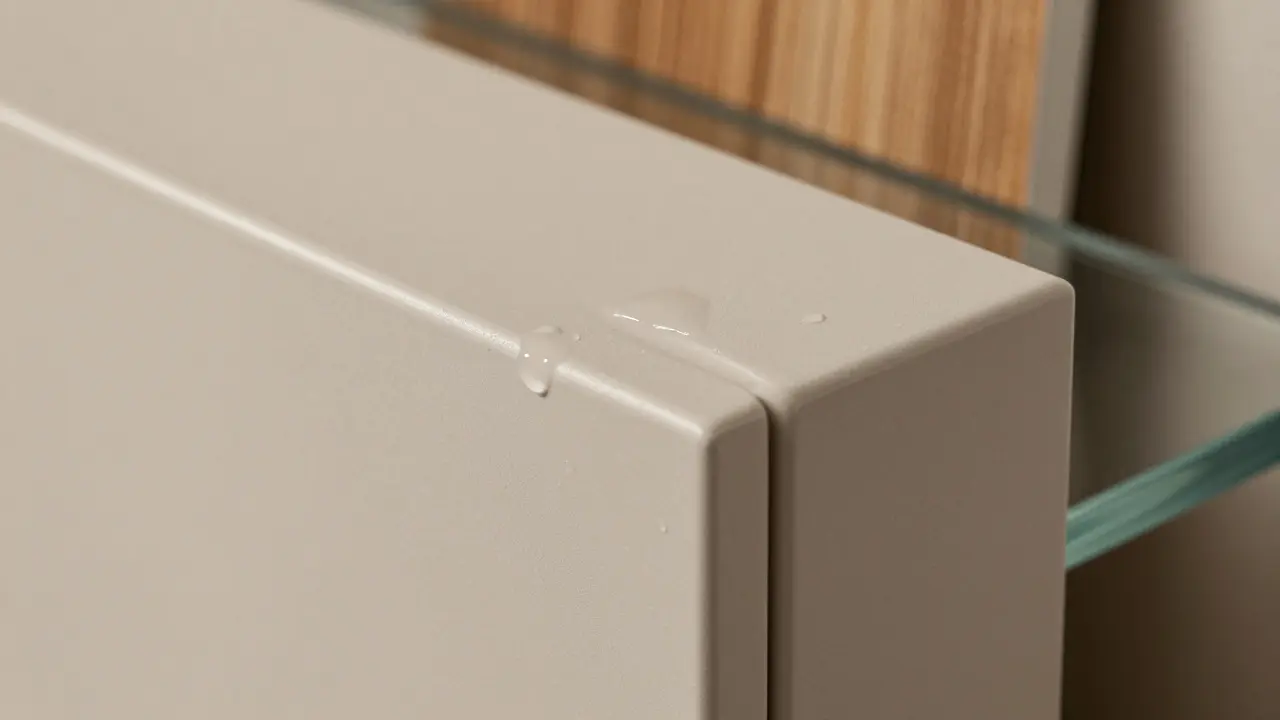 Detail voděodolného materiálu skříně s kapkami vody