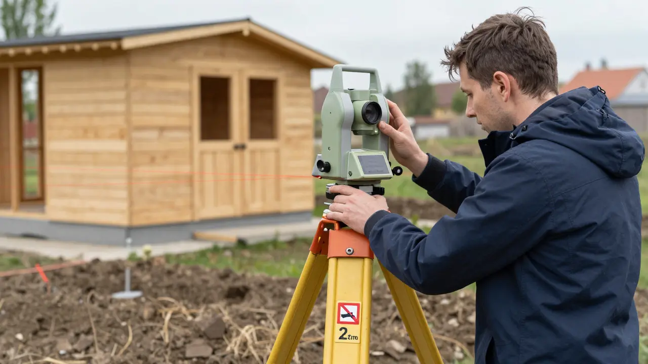 Geodet měří hranici pozemku laserovým přístrojem pro dodržení stavebních norem