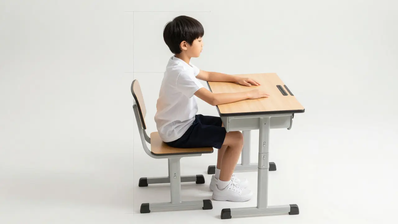 Ilustrace správné ergonomické polohy dítěte u psacího stolu