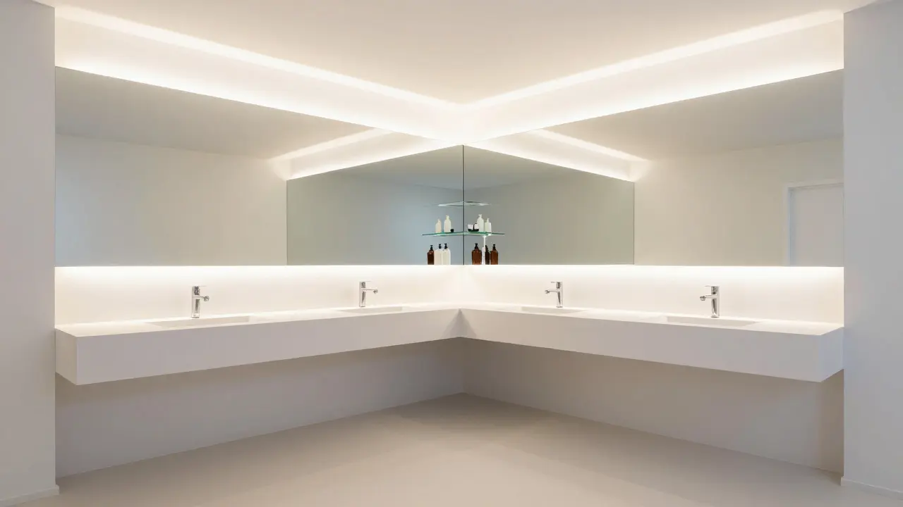 Jasná koupelna s velkým zrcadlem a LED osvětlením