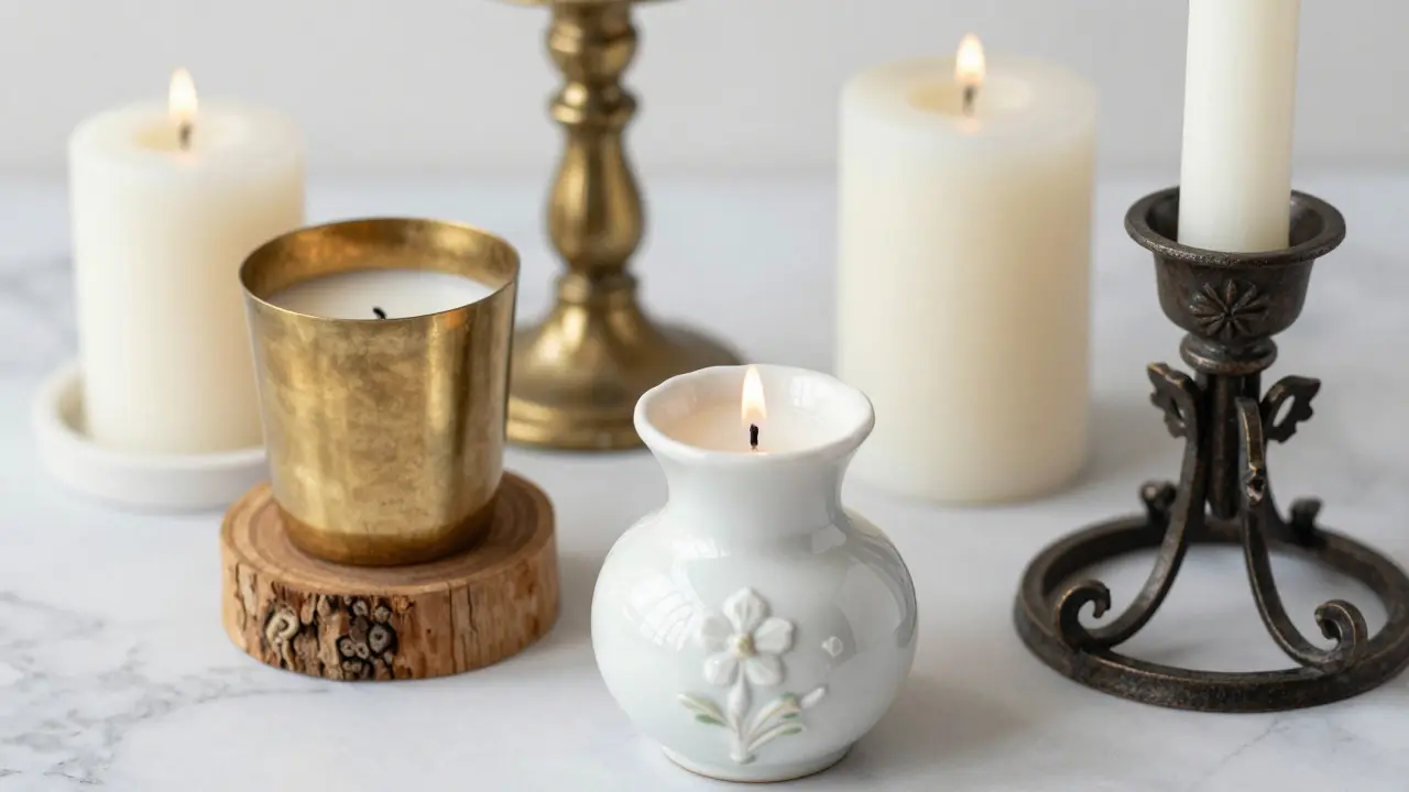 Různé materiály svícnů: dřevo, porcelán a kované železo