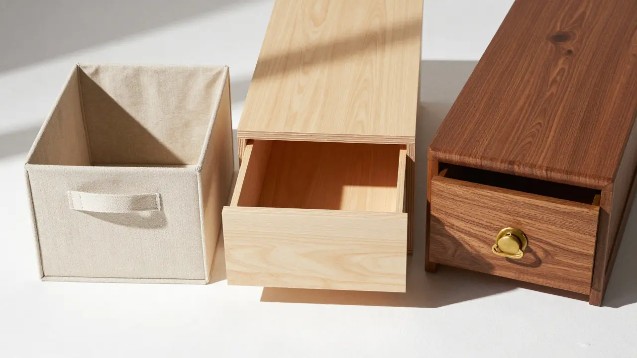 Srovnání materiálů úložných boxů: textil, překližka a masivní dřevo