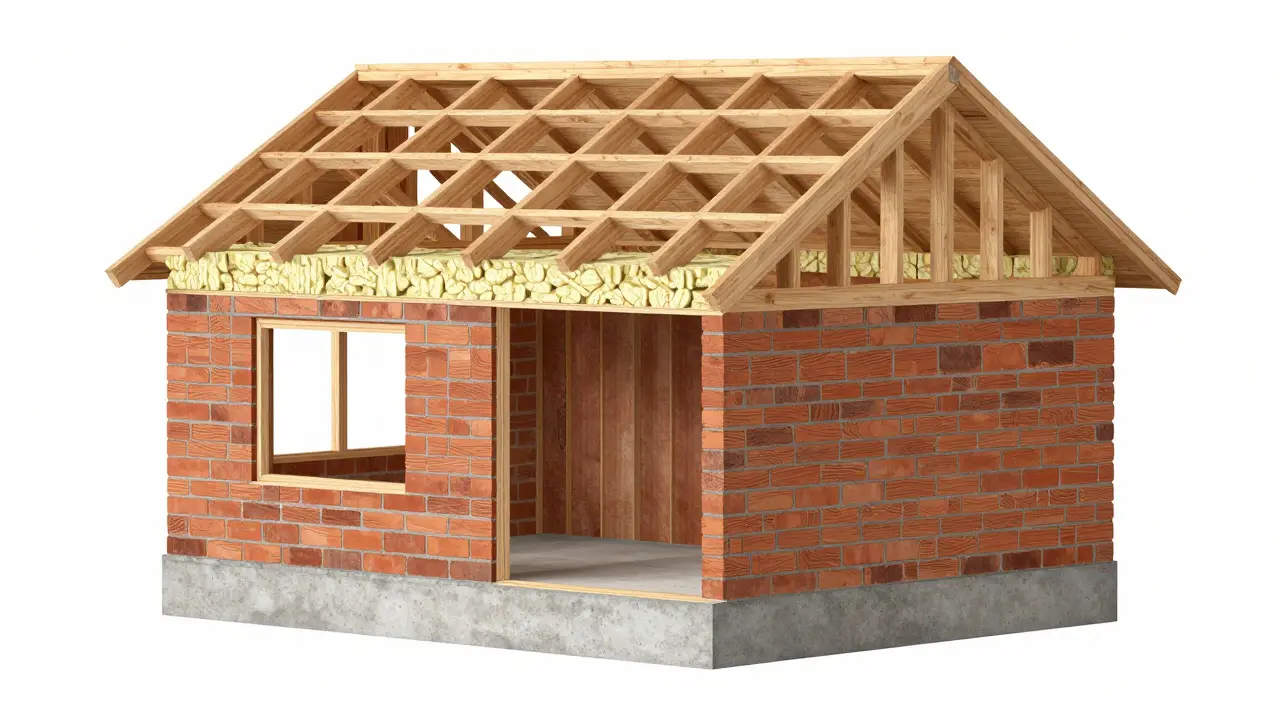 Vertikální řez budovou ukazující vnitřní konstrukce a materiály