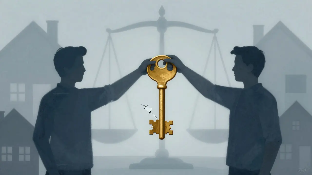 Abstract illustration of two figures holding a cracked golden key