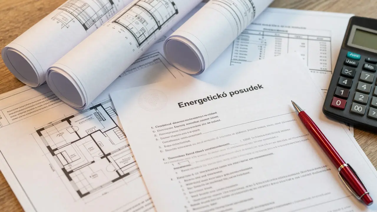 Architektonické výkresy a dokumenty pro stavební povolení na stole