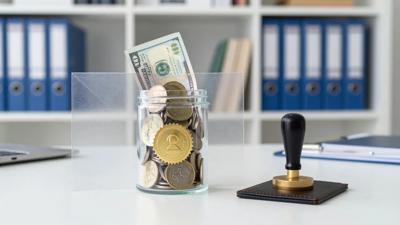 Coins being placed into a secure glass container for escrow