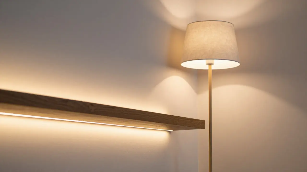 Detail vrstveného osvětlení s LED páskem a stojací lampou v rohu místnosti