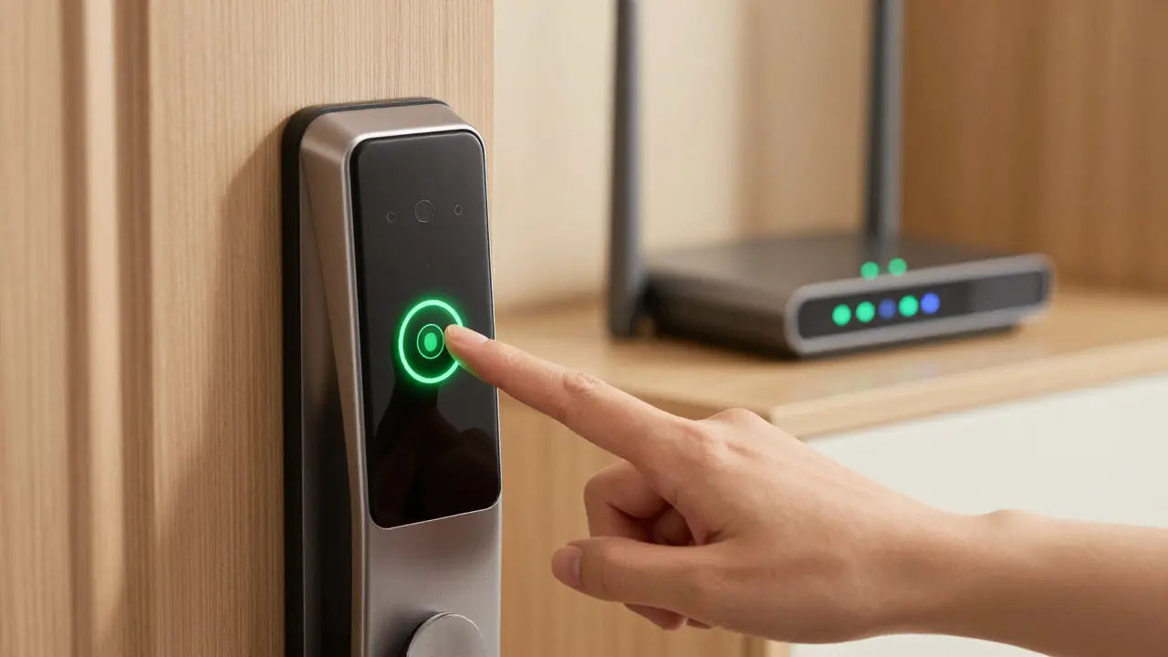 Hand using a biometric smart lock with a green light