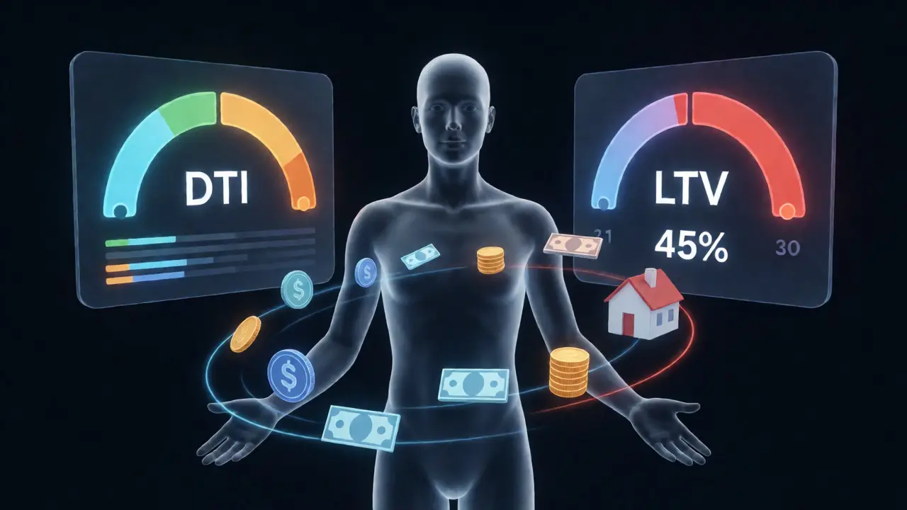 Konceptuální vizualizace finančních limitů DTI a LTV pro úvěr