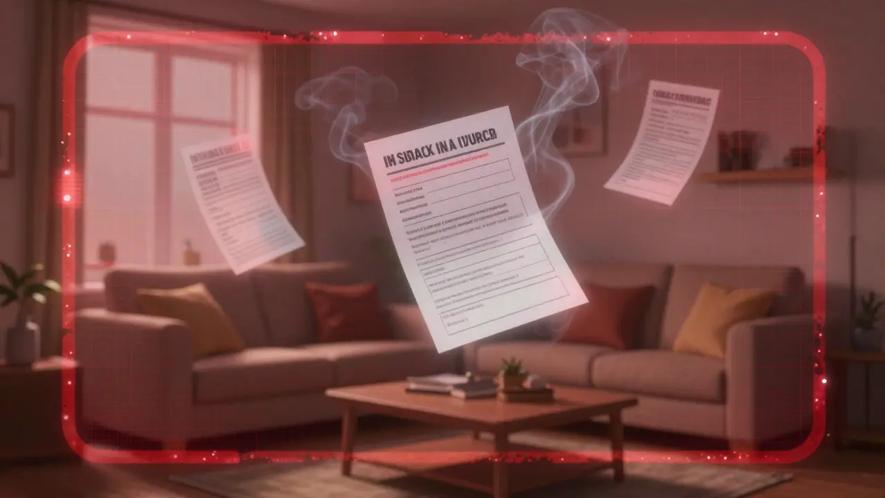 Living room overlaid with red warning grid representing legal risks of unapproved housing