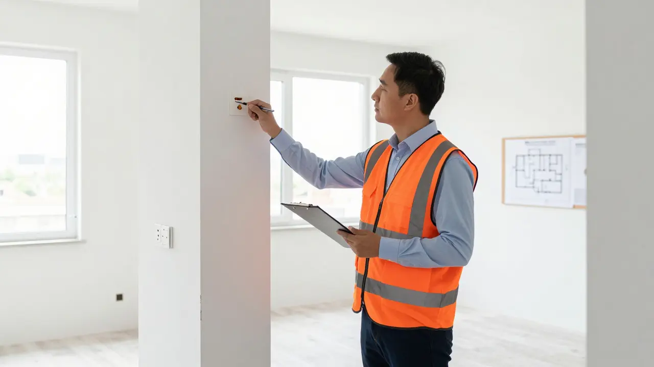 Official in safety vest inspecting interior details of a renovated apartment