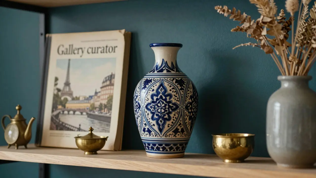 Regál s kurátorským výběrem: marocká keramika, stará kniha o architektuře a bronzové artefakty.