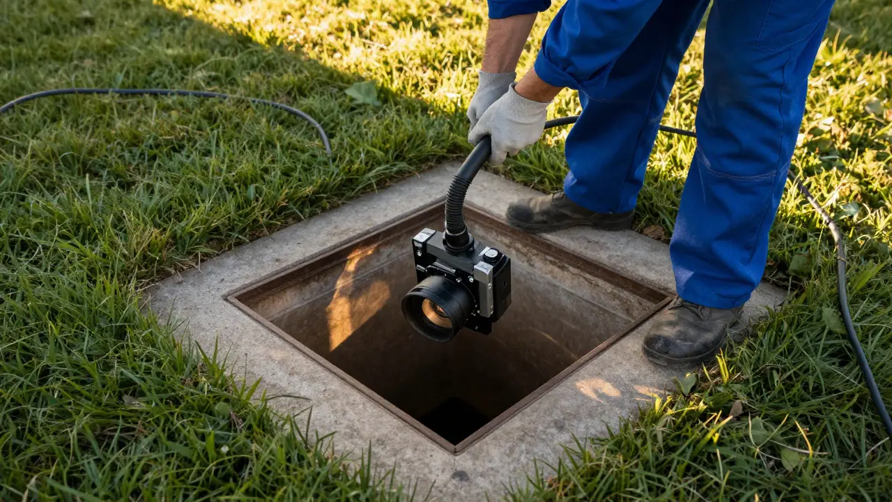 Technik provádějící kamerový průzkum kanalizace v zahradě