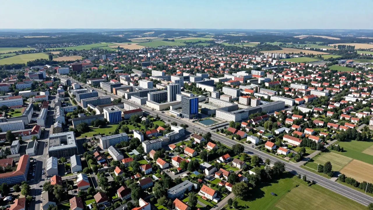 Vzdušný pohled na rozdíly mezi městem a venkovem