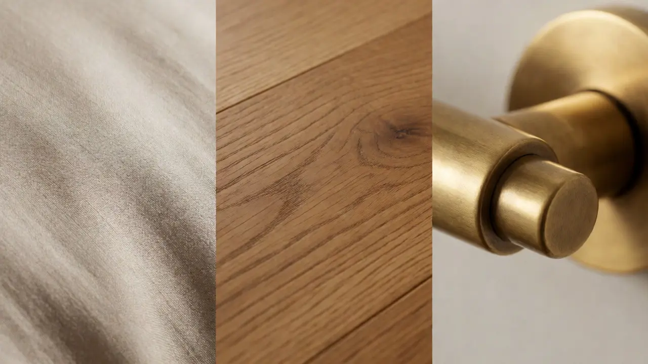 Detail prémiových materiálů: bavlna, masivní dub a mosaz