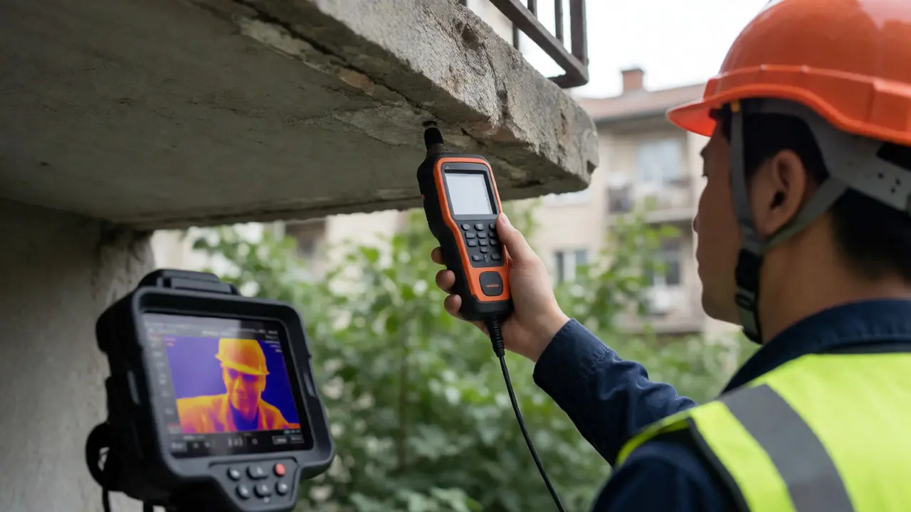 Inspektor měří stav betonu balkónu ultrazvukovým přístrojem