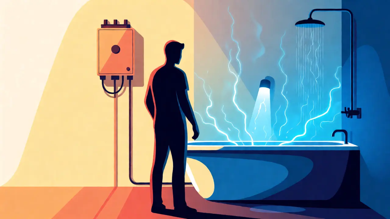 Konceptuální ilustrace rizika elektřiny ve vlhkém prostředí koupelny