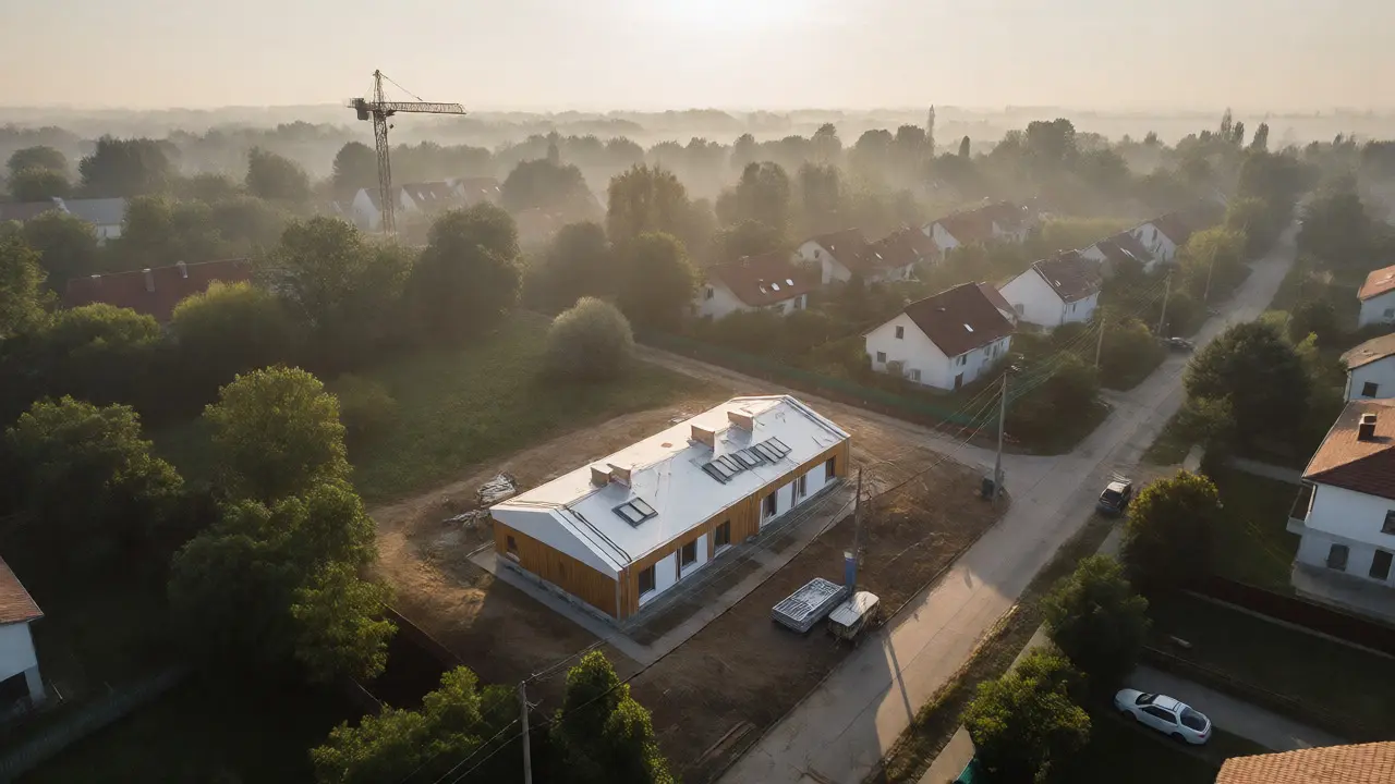 Letmý pohled na novostavbu rodinného domu v příměstské zeleni při ranné mlze.