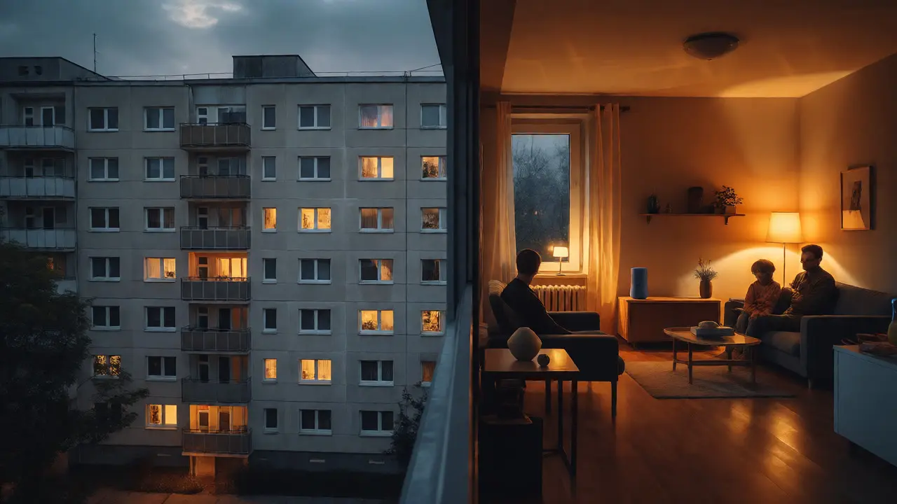 Pohled do útulného bytu s aktivními chytrými spotřebiči a teplým osvětlením.