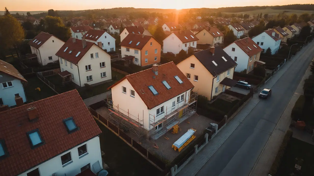 Pohled z dronu na rodinný dům v rezidenční čtvrti za západu slunce.