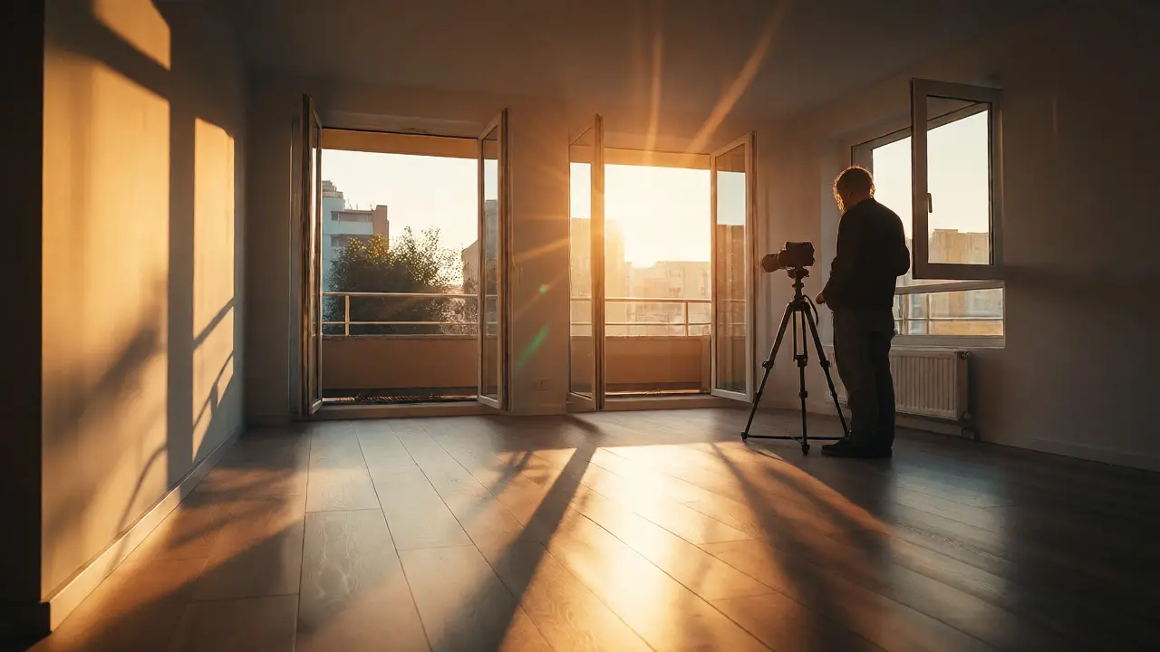 Prostor obýváku osvětlený měkkým světlem zlaté hodiny s fotografem u stativu