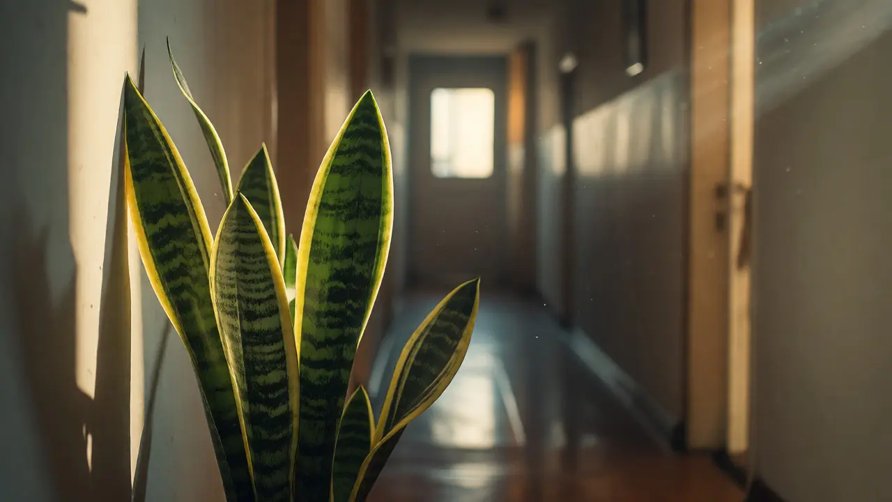 Sansevieria v temném koutě chodby bytu