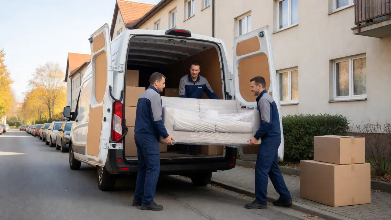 Stěhováci nakládají nábytek do dodávky před domem