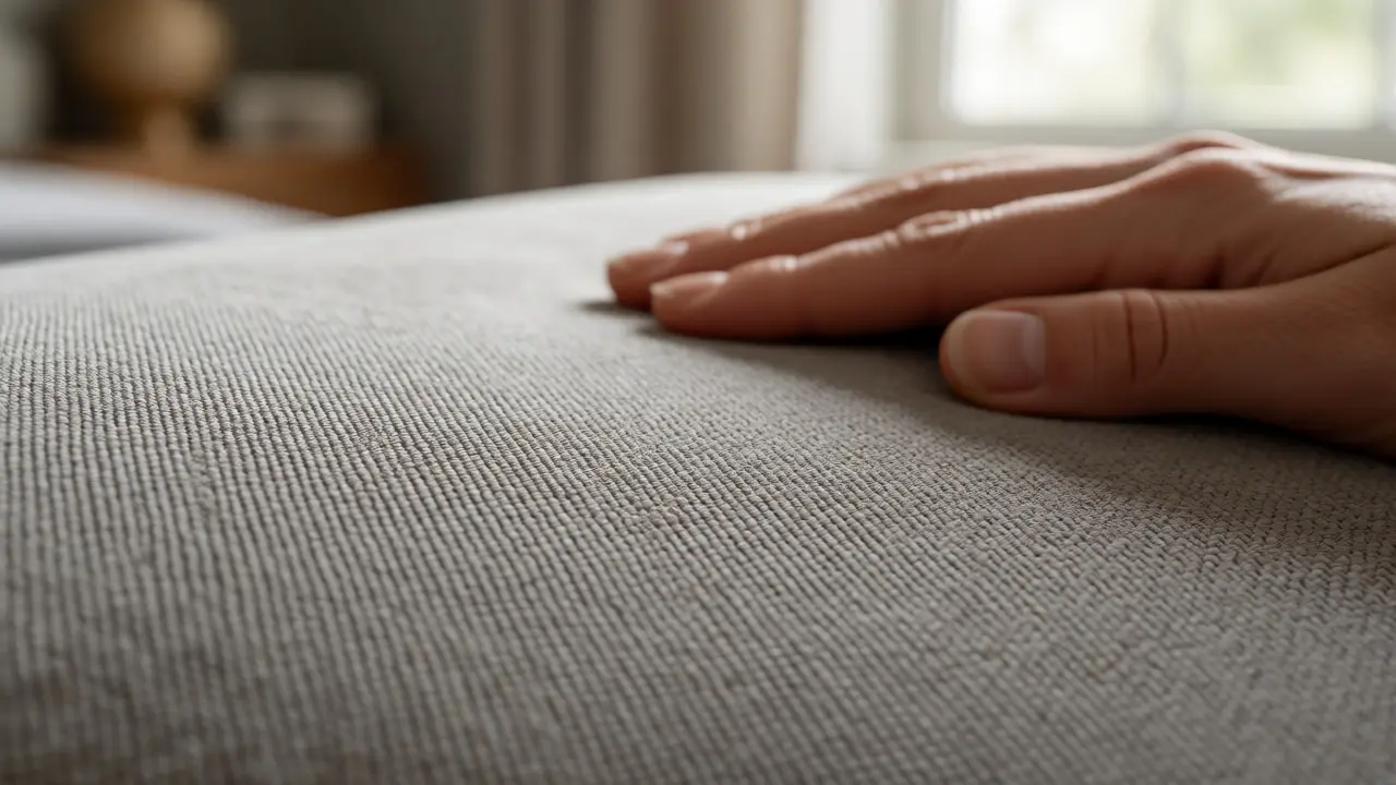 Detailní záběr na odolnou mikrovláknovou látku čela postele odolnou vůči chlupům