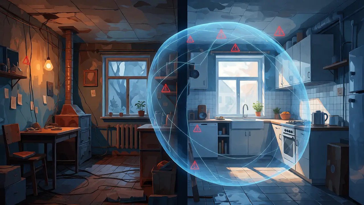 Konceptuální ilustrace bezpečné a nebezpečné bytové instalace s ochranným štítem.