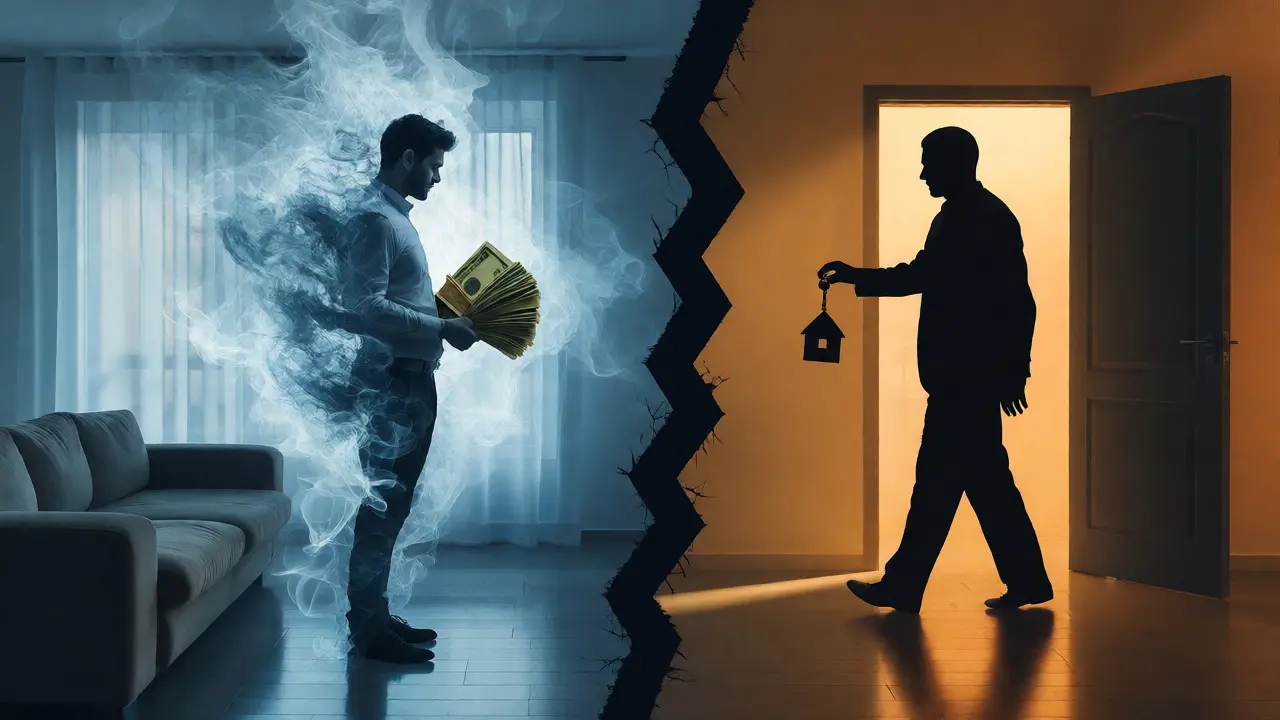 Konceptuální ilustrace ztráty vlastnictví při placení bez právních dokumentů.