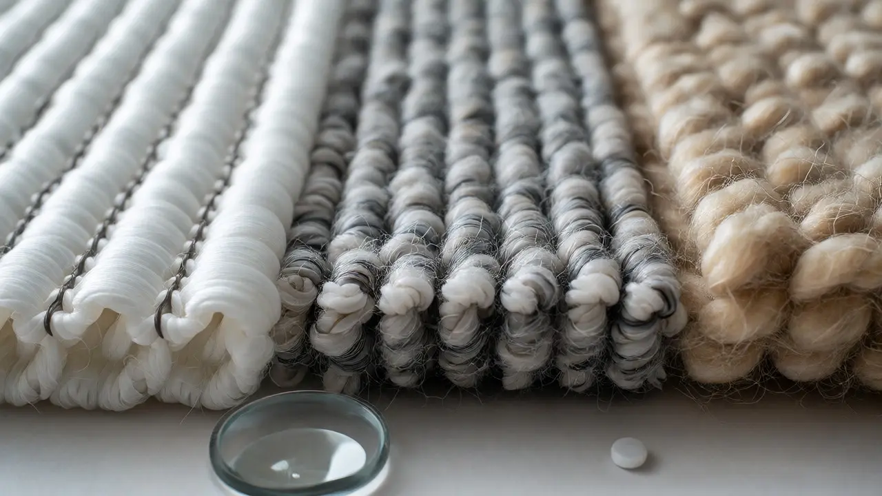 Makro záběr na texturu materiálů koberců: nylon, polypropylen a vlna