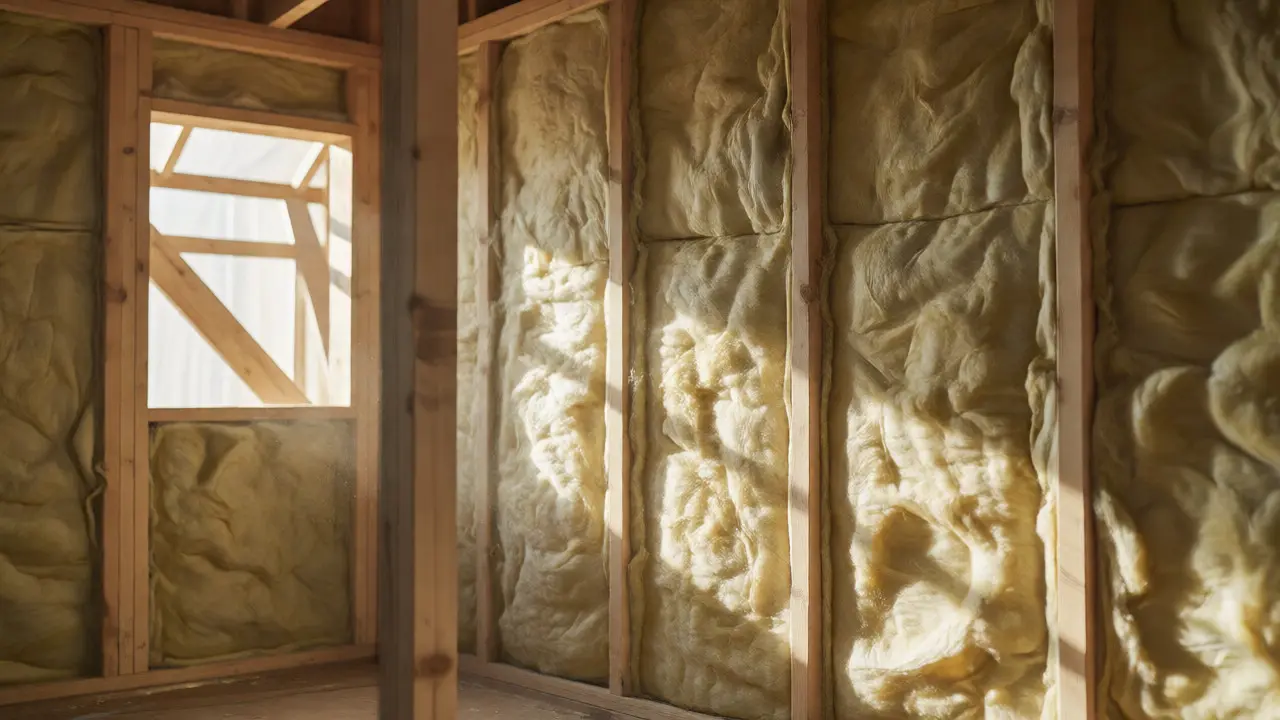 Minerální vlna mezi dřevěnými sloupky ve stěně renovovaného domu.
