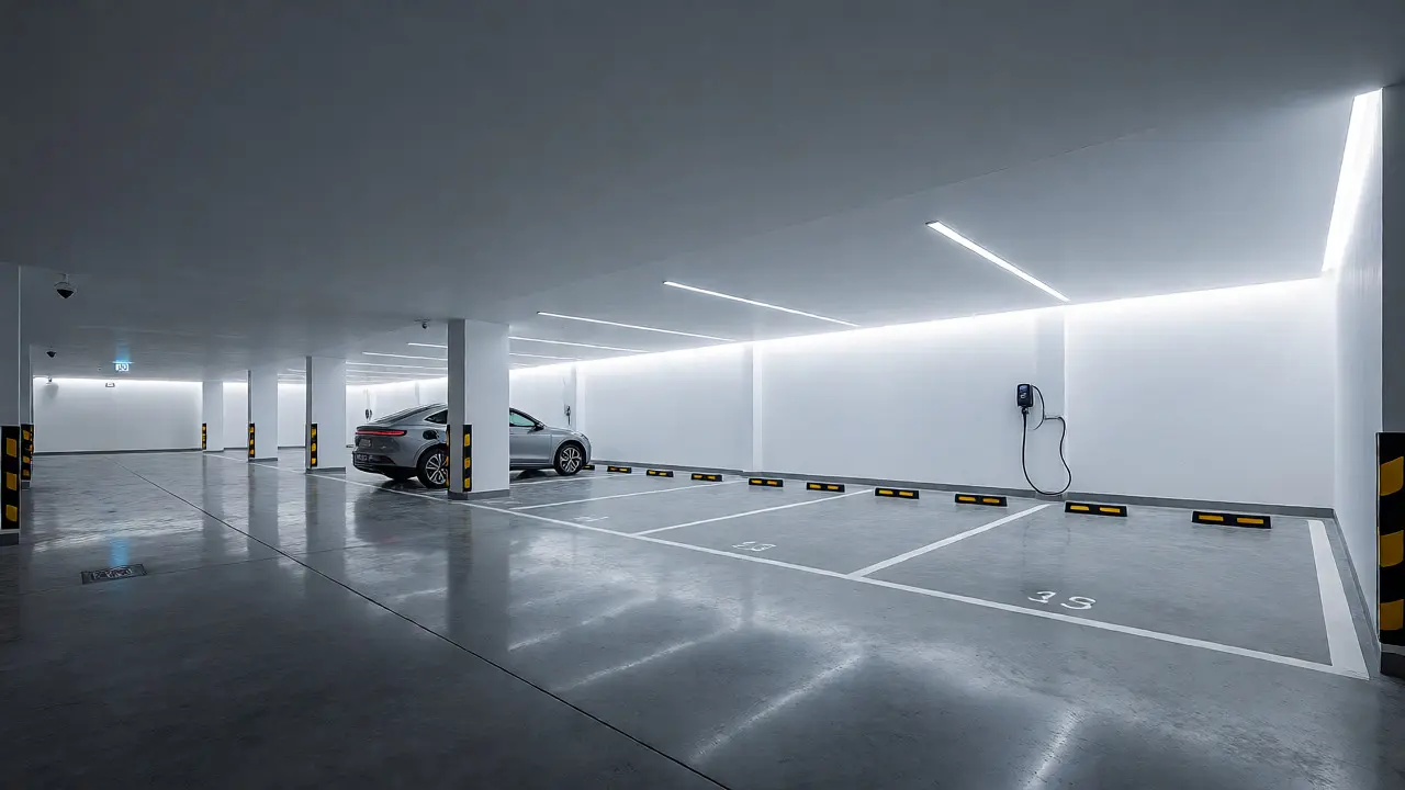 Moderní podzemní garáž s elektromobilem u nabíječky