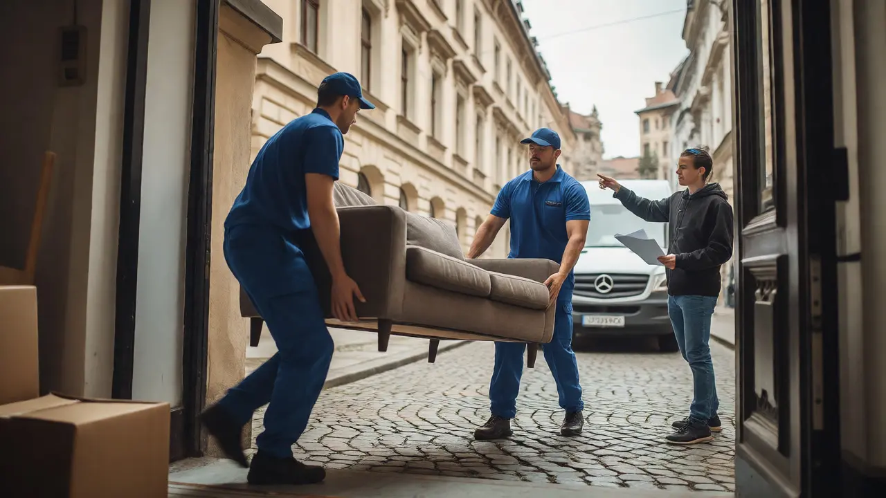 Profesionální stěhováci vynášejí gauč z budovy na ulici
