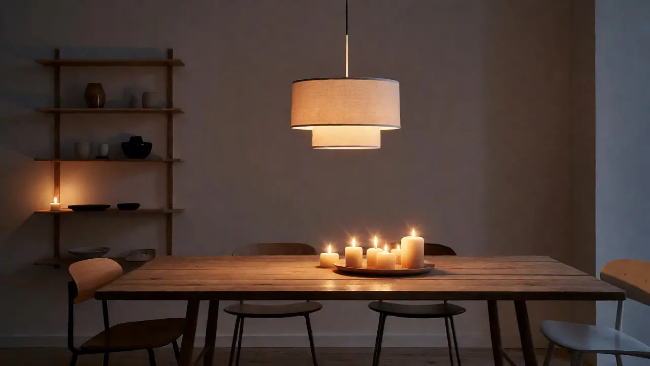 Večerní jídelna se svíčkami a vrstveným osvětlením pro útulnou hygge atmosféru
